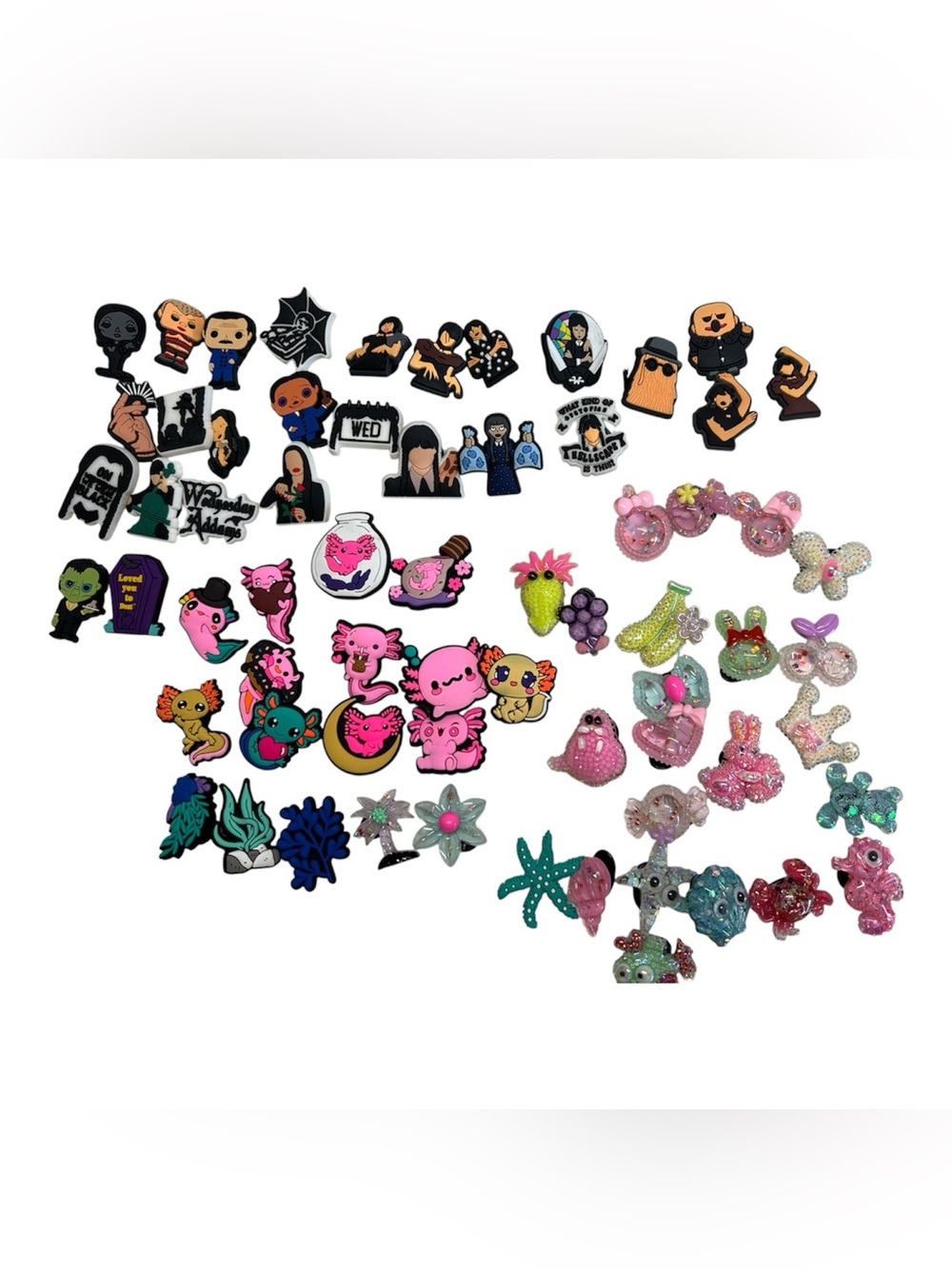 Lot of 60+ crocs style shoe charms Addams family, sea , Axolotl etc new